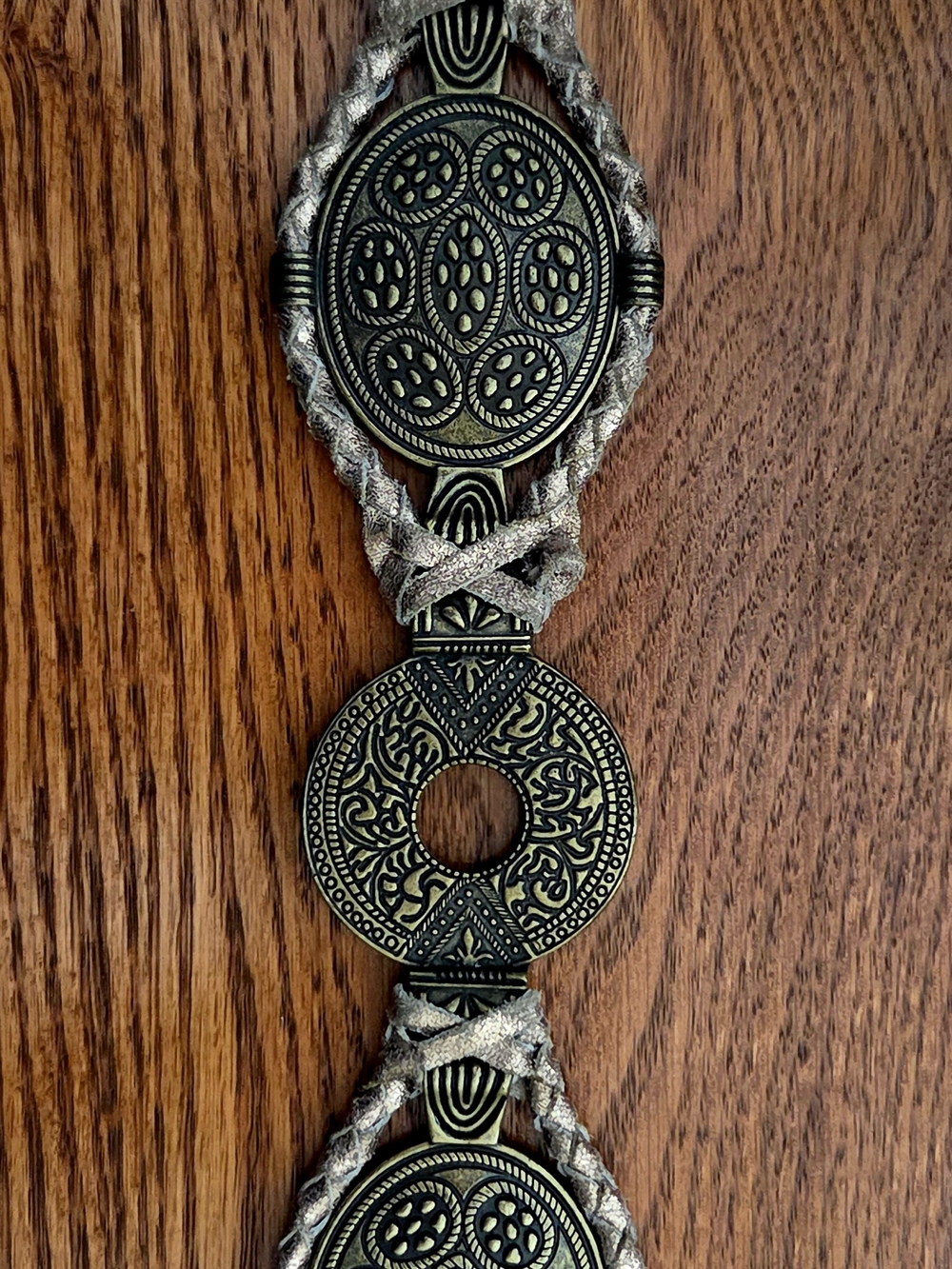 Antique Brass-Tone Medallion Belt with Braided Cord